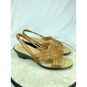 Softspots Woven Leather Wedge Slingback Sandals Womens 11 Tan Comfort Heel NEW